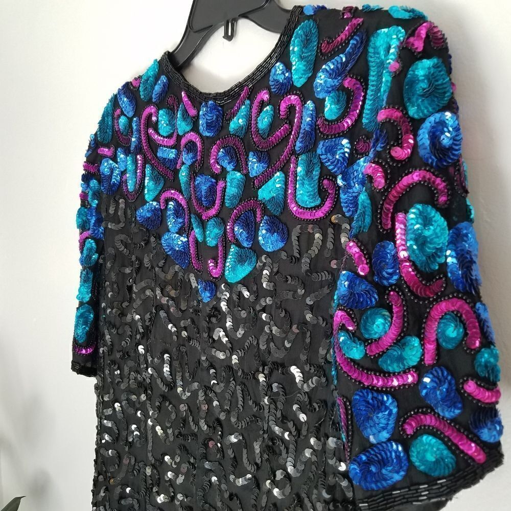 Vintage Laurence Kazar 1980’s 100% Silk Dolly Parton Sequin Cocktail Dress PL - Picture 6 of 12